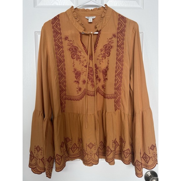 Cato Tops - Womens Large Orange Red Embroidery Flare Sleeve Blouse Top Boho Festival Peasant